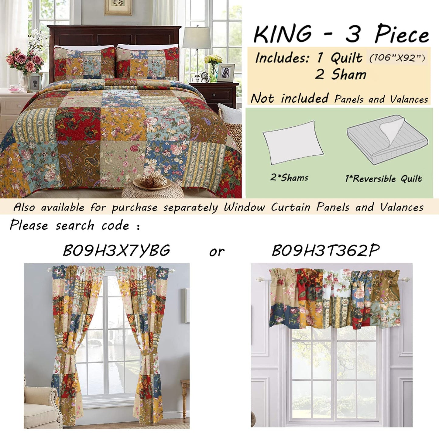 Cozy Line Home Fashions 100% Cotton Hand Piecing Real Patchwork Floral Plaid Country Farmhouse Reversible Quilt Bedding Set Coverlet Bedspread for All Seasons (Khaki Red, King - 3 Piece)