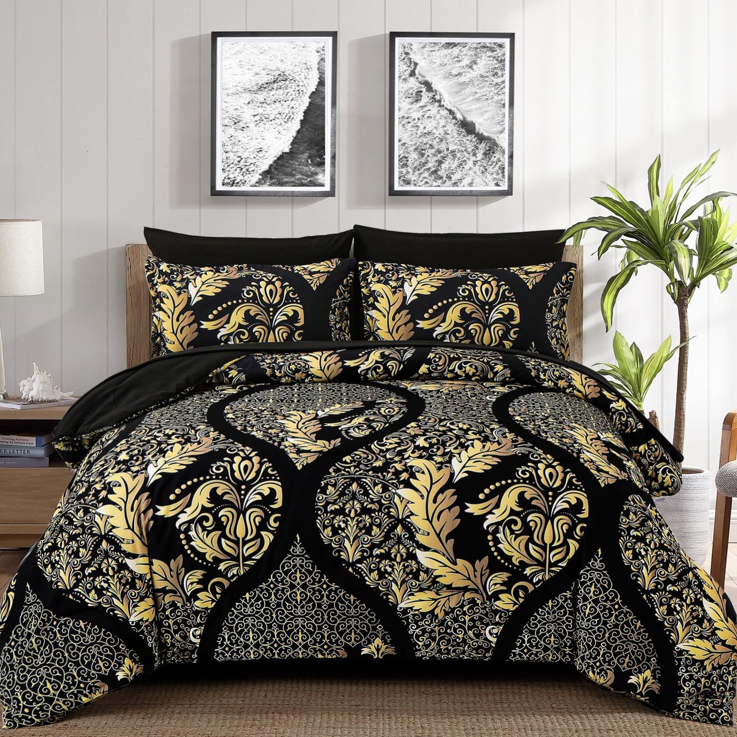 Anibedding Black Gold Comforter Set King Size, 7 Pieces Bohemian Damask Comforter Set Soft Lightweight Microfiber Bedding Set for All Season (104"x90")