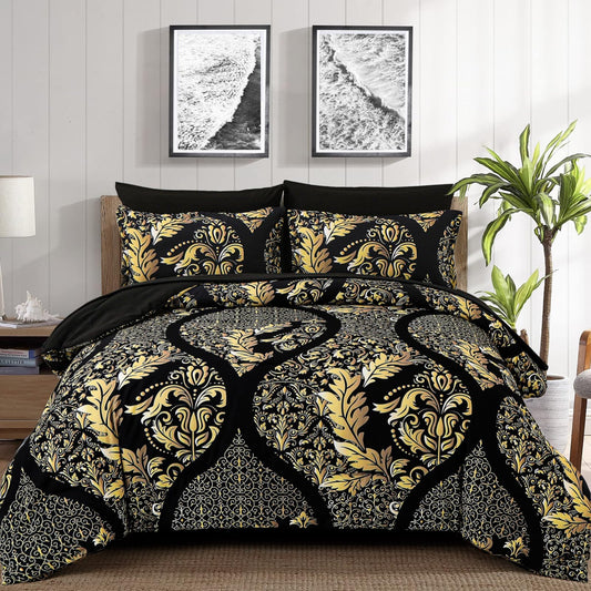 Anibedding Black Gold Comforter Set King Size, 7 Pieces Bohemian Damask Comforter Set Soft Lightweight Microfiber Bedding Set for All Season (104"x90")