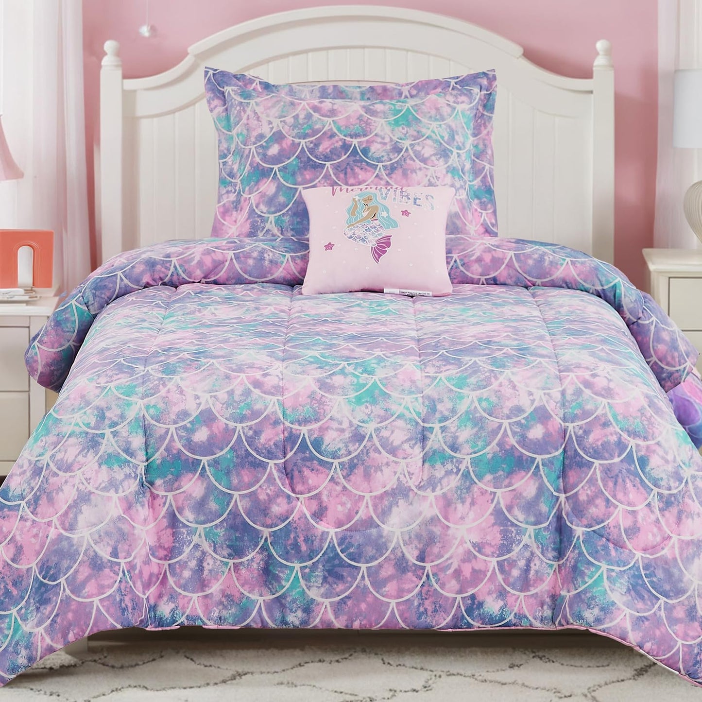 Wink Deer Twin Comforter Set for Girls-3 Pieces Mermaid Glow in the Dark Twin Bedding Sets for Kids,1 Comforter,1 Sham and 1 Decor Pillow