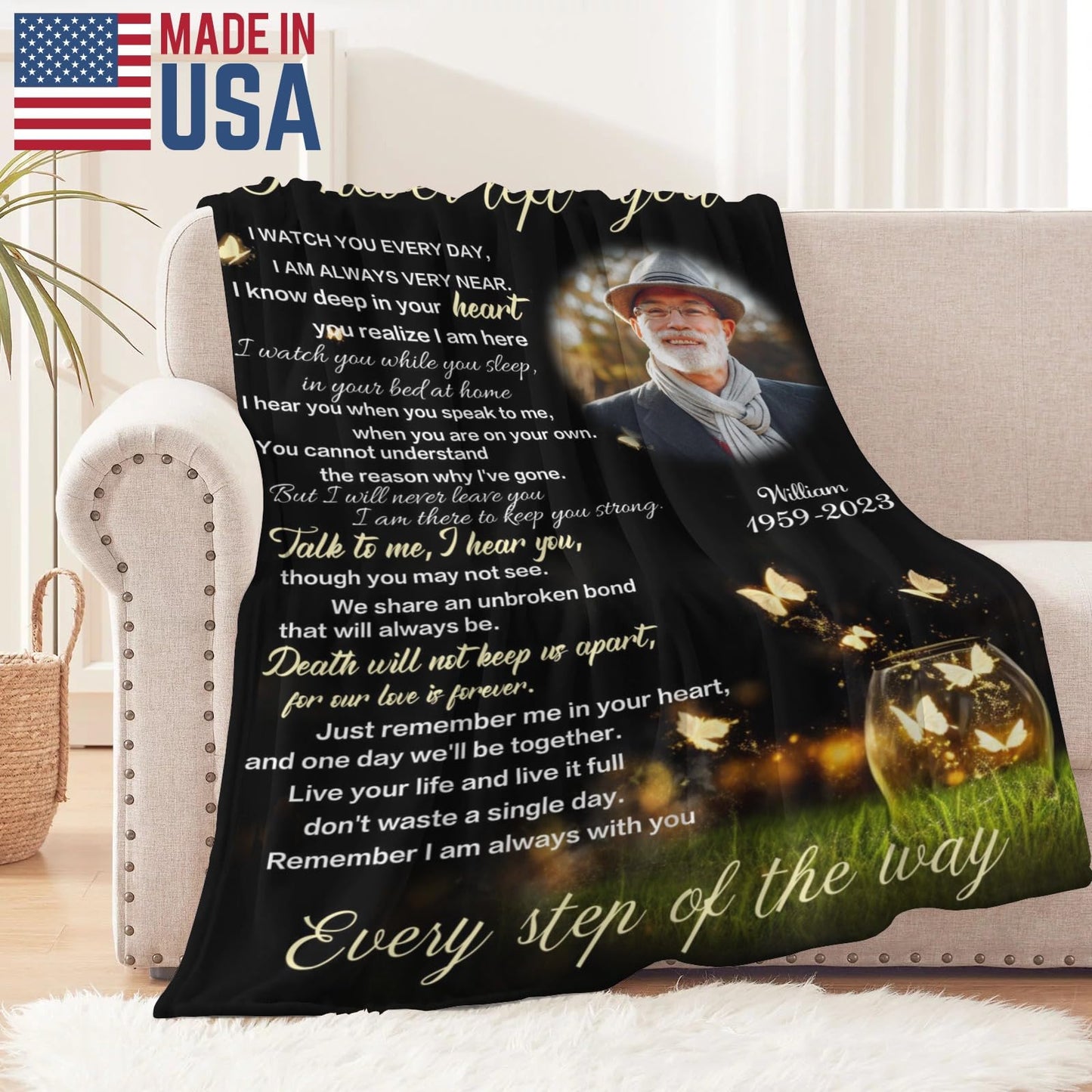 D-Story Custom Memorial Blanket with Photos for Loss of Loved Dad Mom: Made in USA, Sympathy Gift Personalized Throw Blanket Bereavement Blanket for Husband Wife Son Daughter in Memory of Loved One