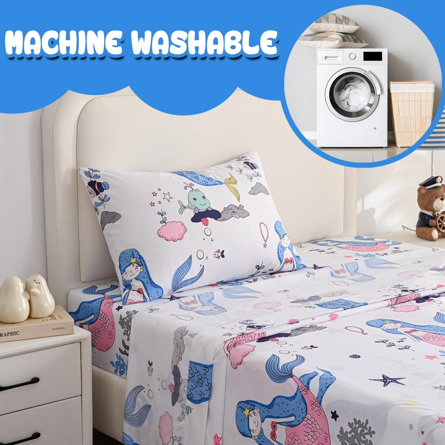 Yibeizi Mermaid Sheet Set for Girls Twin, Kids Cute Ocean Print Bedsheets Microfiber Deep Pocket Beach Patterned Bed Sheet & Pillowcase Sets 3 Pieces
