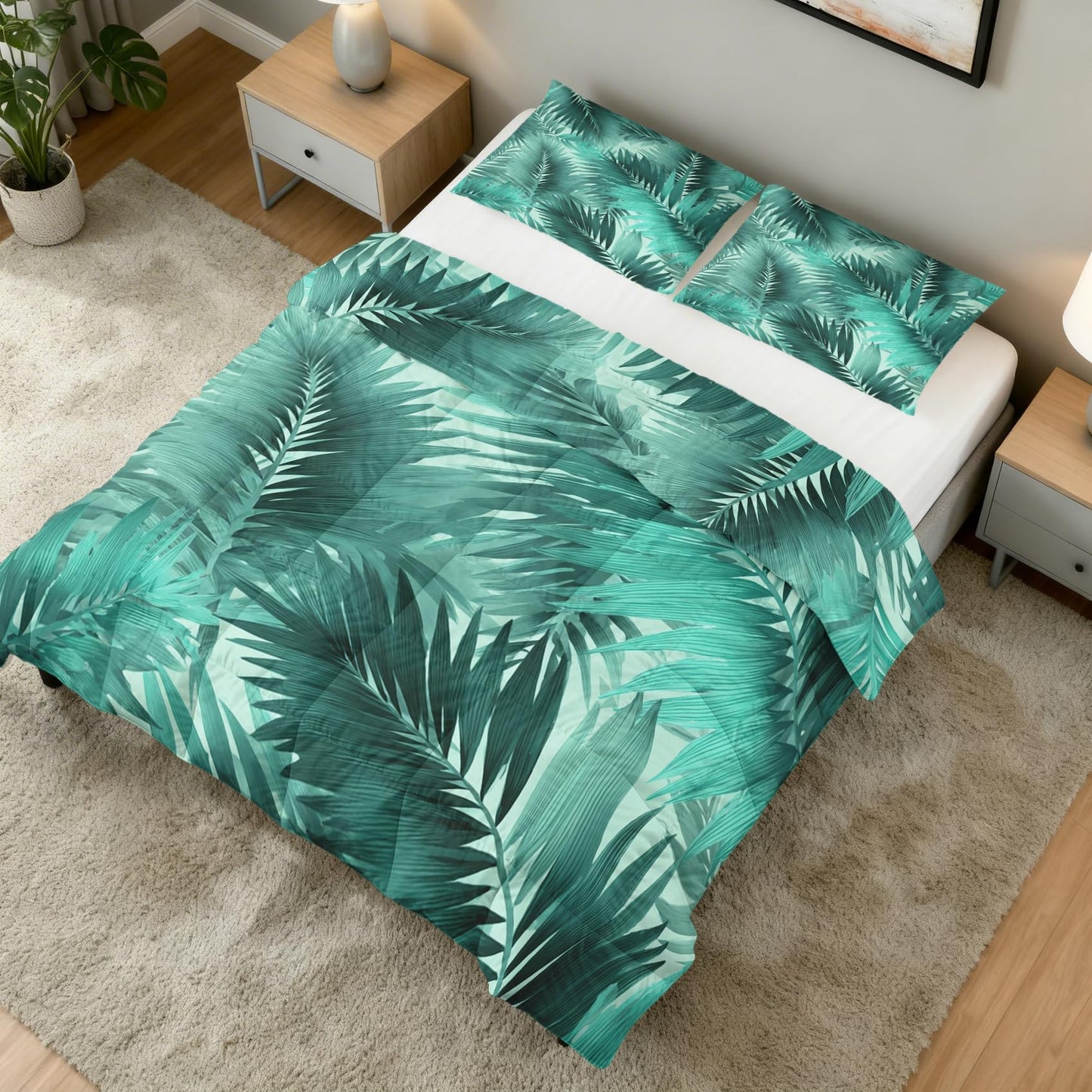 Palm Leaf Comforter Set King Size 3Pc, Tropical Forest Botanical Pattern Down Alternative Bed Comforter, 2 Pillow Shams, Soft All Season Bedding, Palm Leaf Bedroom Decor AF4308