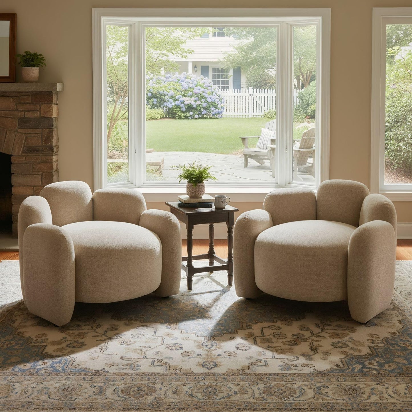 Hyfirm Mid-Century Modern Accent Chairs Set of 2, Upholstered Chenille Barrel Chairs with Solid Wood Base, Comfy Reading Chairs for Living Room, Bedroom, Apartment, Deep Seat Side Chairs, Khaki