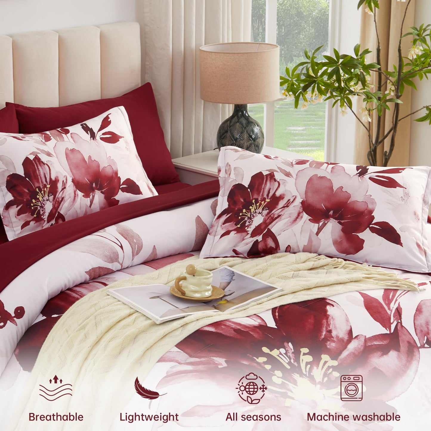 Luxudecor Floral Comforter Set King Size, 7 Piece Burgundy Flower Set Bed in a Bag,Soft Microfiber Farmhouse Shabby Chic Bedding Set for All Season(90"x104")