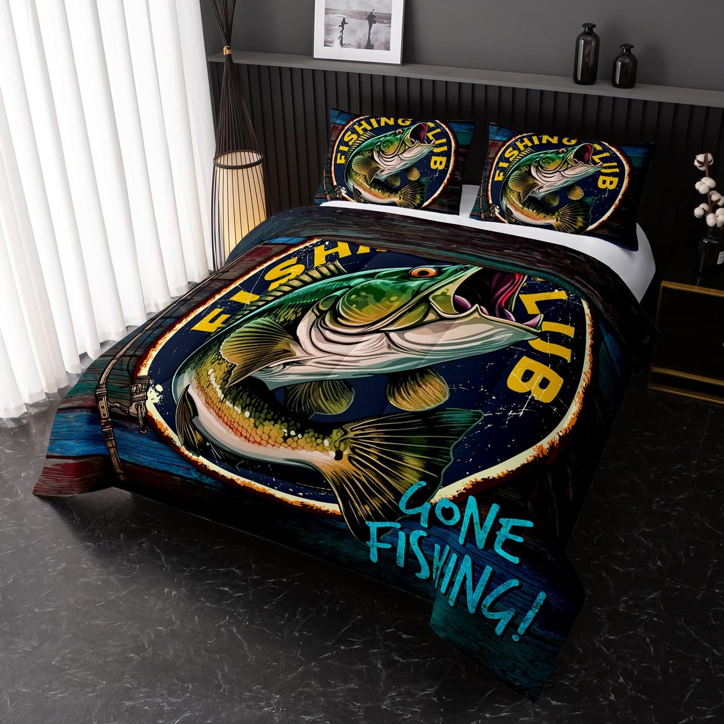 Nttopship Big Pike Fish Bedding, Bass Fishing Comforter Set Hunting and Fishing Themed Comforter Set for Kids Boys Room Decor, Twin Bed in a Bag for Teens with 2 Pillowcases