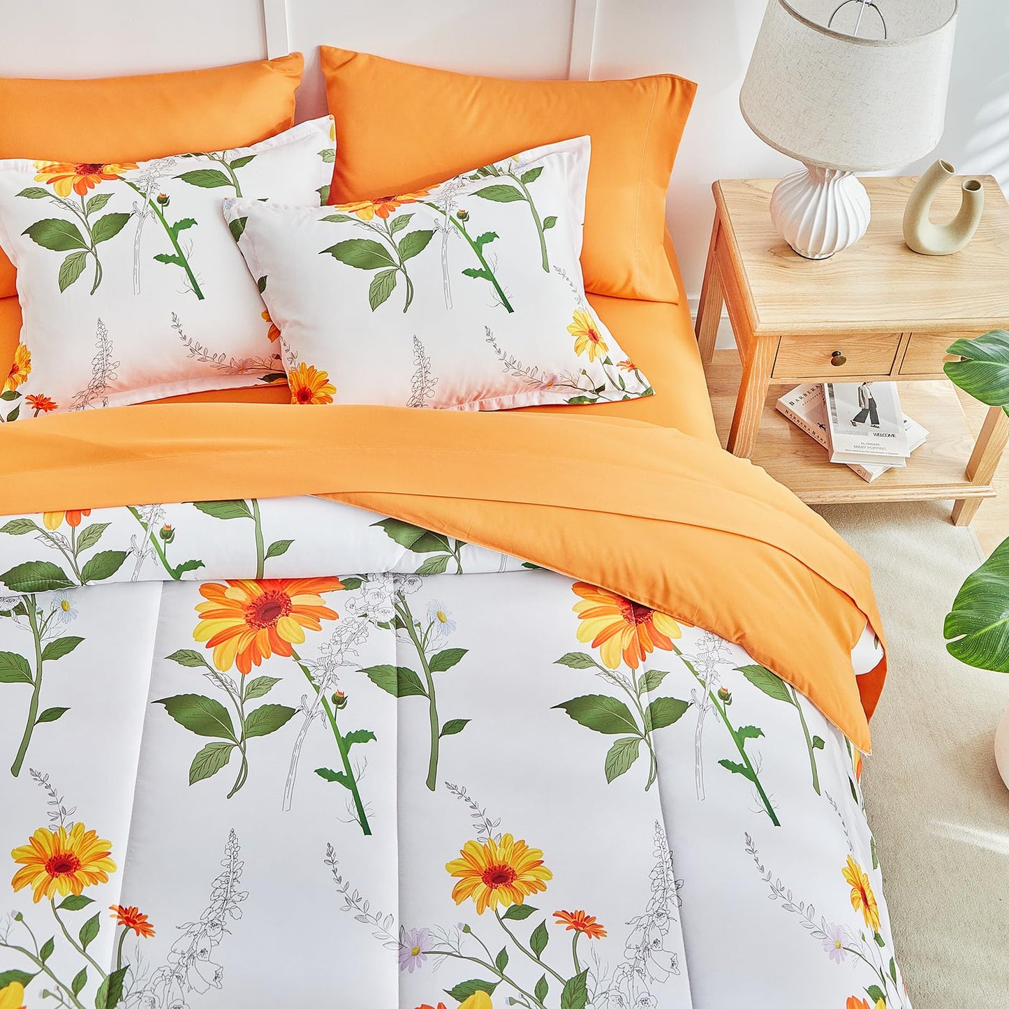Joyreap 6 Piece Bed in a Bag Twin, Floral Comforter Sheet Set, Orange n Yellow Flowers on White Design, All Season Microfiber Bedding Comforter Set