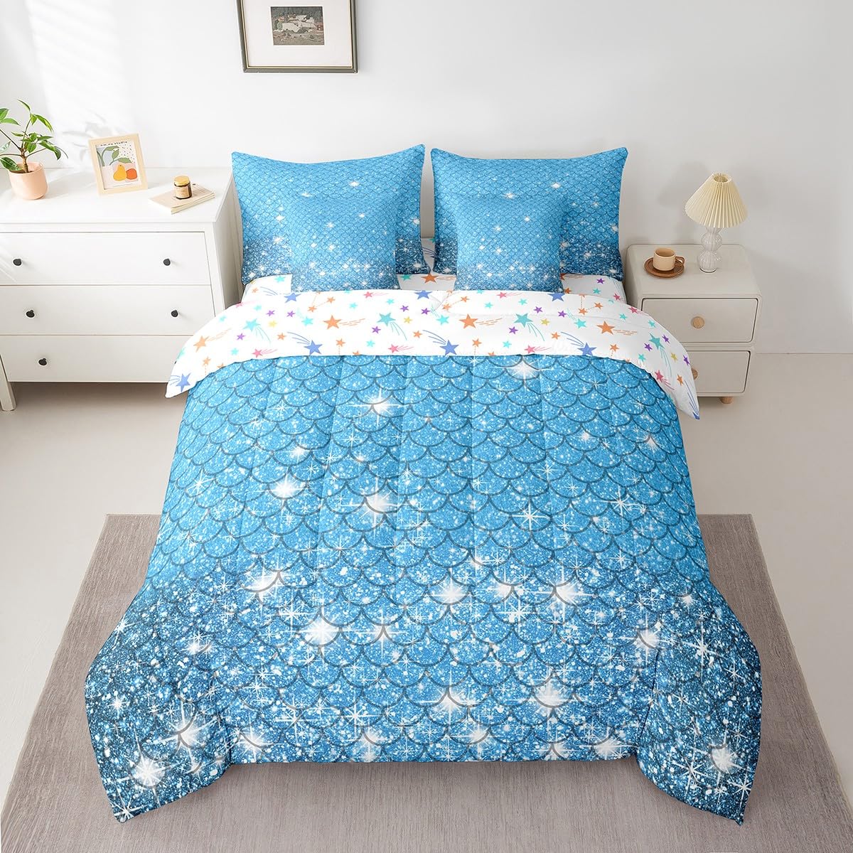 jejeloiu Blue Mermaid Scales Comforter Set with Sheets Queen Size Kids Glitter Fish Scales 7 Pieces Bedding Set for Boys Girls Teens Ocean Marine Themed Bed in a Bag Breathable Bedroom Decor
