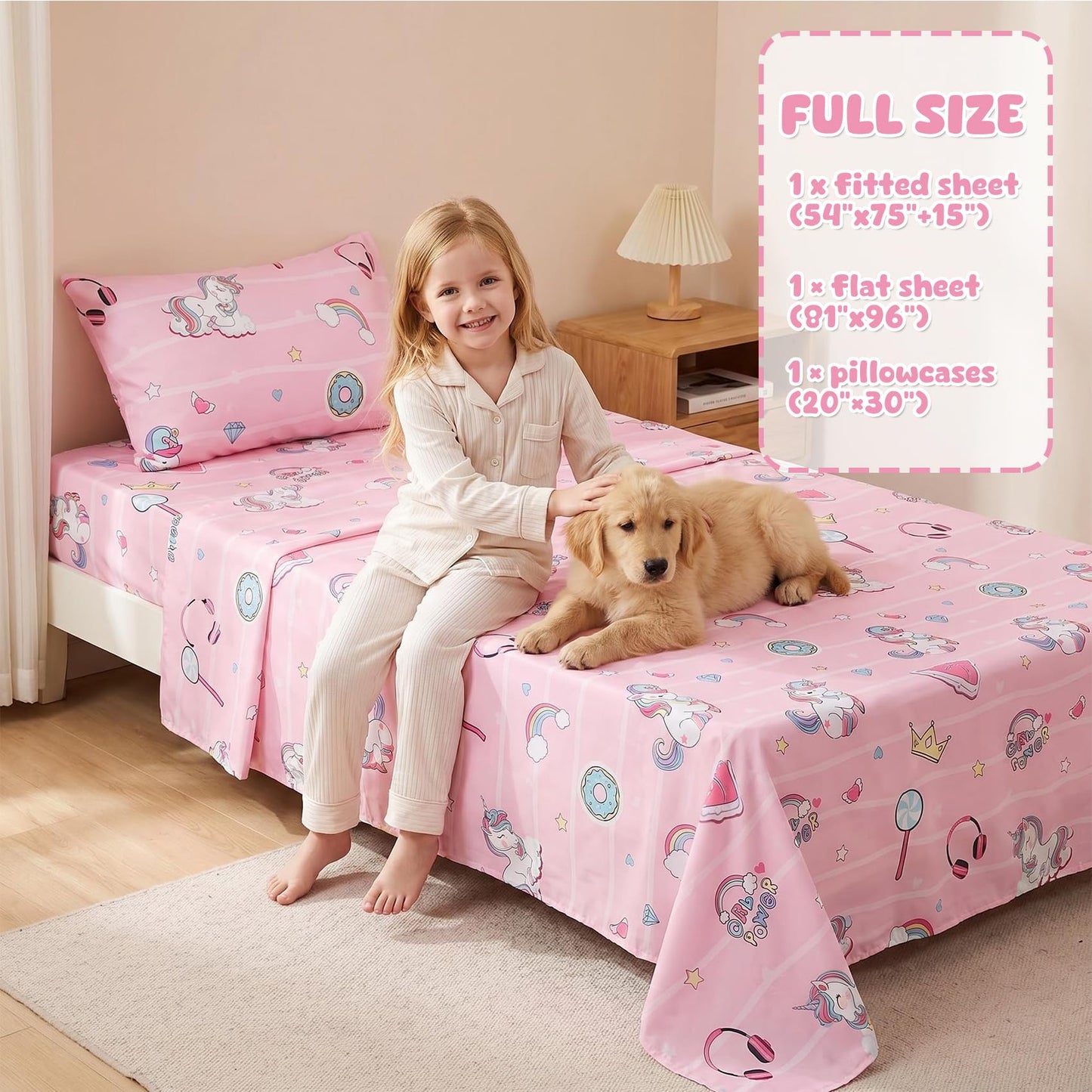 Ocharo Kids Pink Unicorn Full Size Sheet Set,4 Pieces Soft Microfiber Bed Sheets with Rainbow Stars Pattern,Deep Pockets Wrinkle Free,Breathable Fitted Sheet Fade Resistant for Toddlers