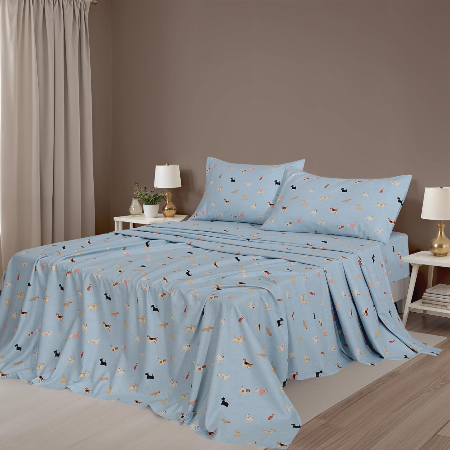ZOYER Flannel Sheets Queen Size - 100% Cotton Double Brushed Bed Sheets, Deep Pockets 16 Inches Queen Sheet Set, All Seasons Breathable & Extra Soft - Warm & Cozy, 4 Piece, Puppy Pub