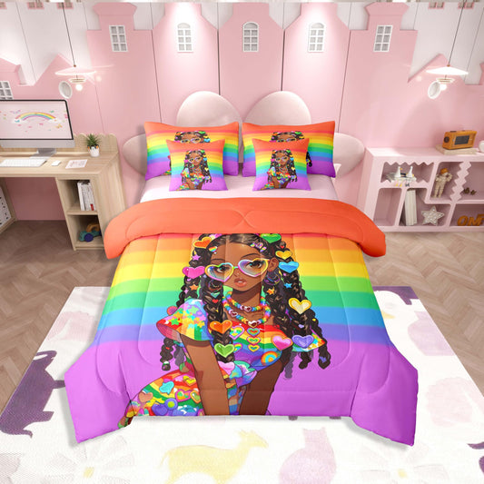 Erosebridal Cute Black Girl Twin Size Bedding Set Kawaii Rainbow Decor 7 Pieces Comforter Set with Sheets for Teens Women Colorful Love Heart Bed in a Bag Sweet Pastel Bed Sets