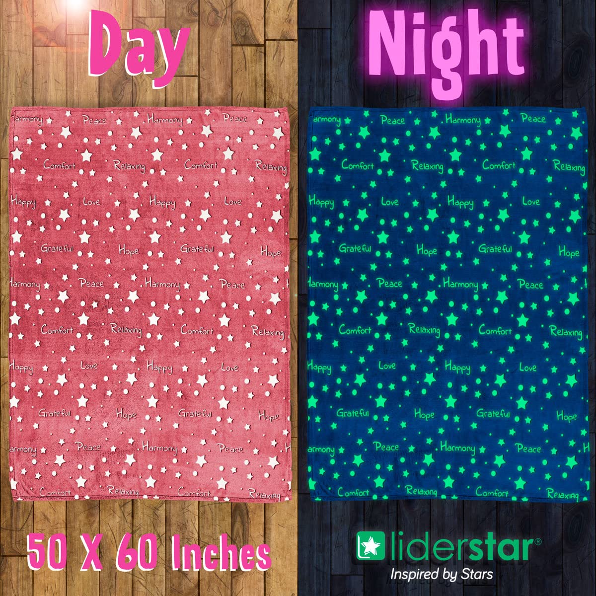 Glow in the Dark Throw Blanket, Super Soft Fuzzy Plush Fleece, Decorated with Stars and Words of Encouragement, Birthday Gift for Girls Kids Women Teens Grandkids Toddlers, Pink, 50" x 60"