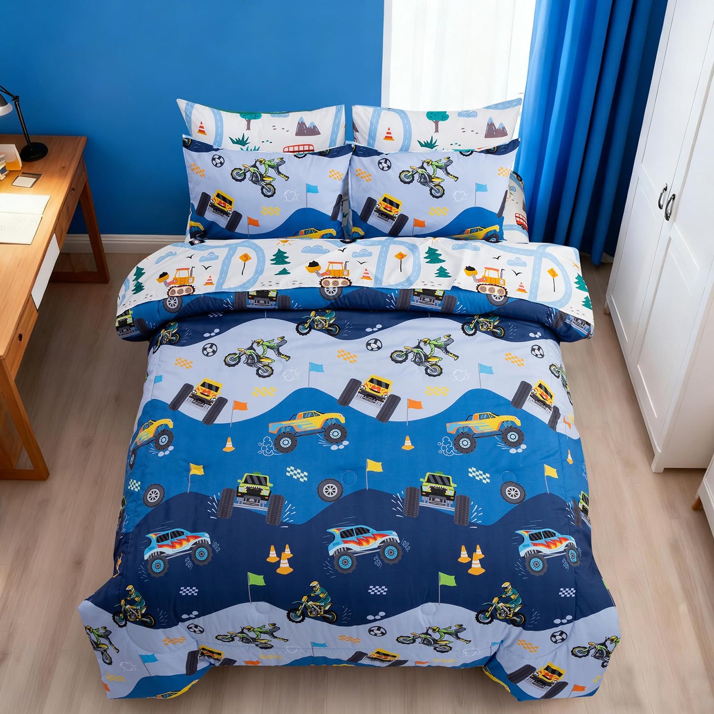 Holawakaka Trucks Tractors Cars Boys 5-Piece Bedding Comforter Sheet Set,Twin Size Cartoon Construction Car Excavator Print Kids Bed in A Bag, Excavator Mixer Truck Printed Bed Sets(Light Blue Twin)