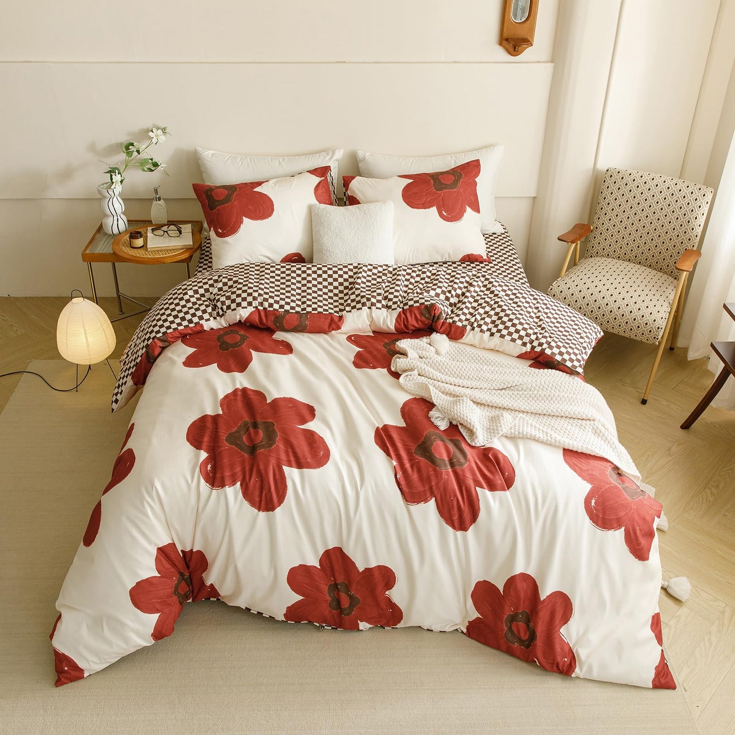 CLOTHKNOW Rust Sunflower Queen Comforter Set Floral Bedding Comforter Sets Brown Plaid Queen Comforter All Season