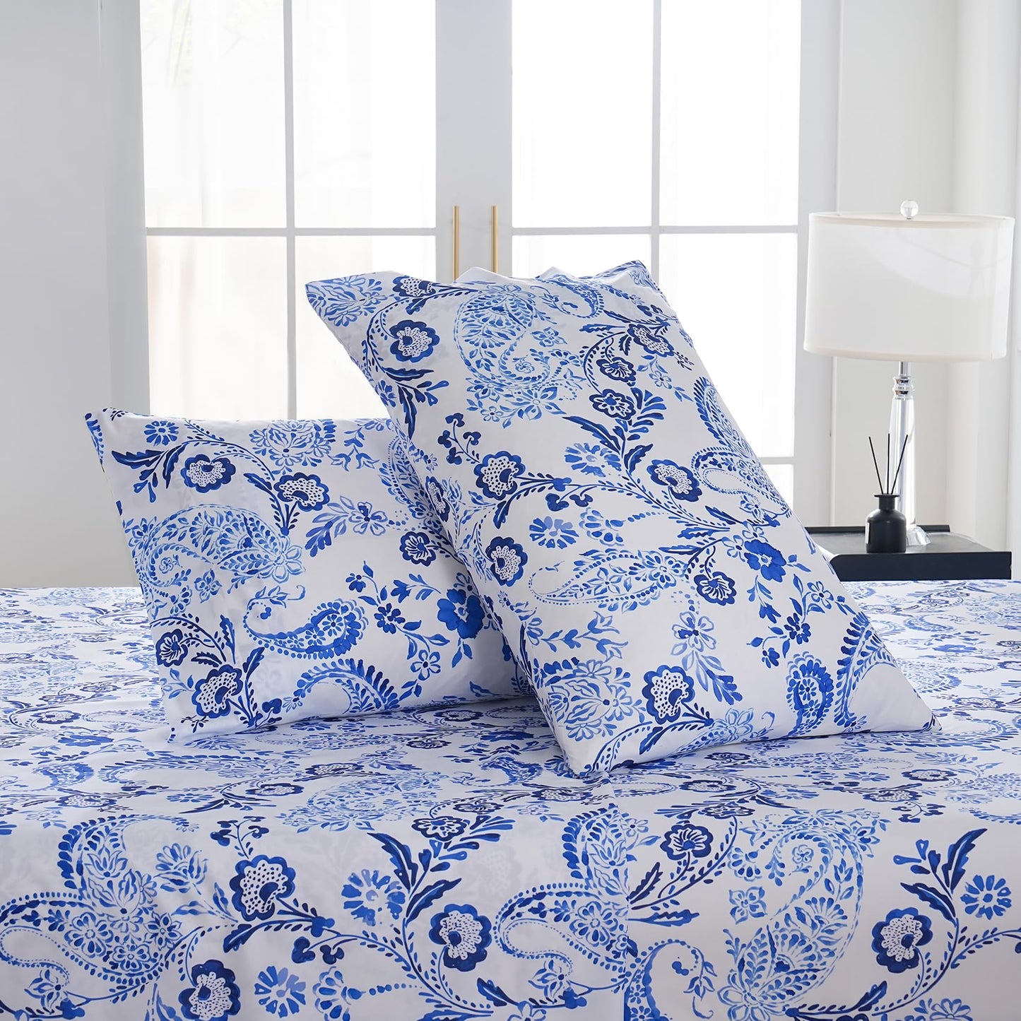 Yibeizi King Size Sheets Set Deep Pocket Blue Floral Bed Sheet Sets, Paisley Printed Soft Microfiber Oeko-Tex Hypoallergenic Sheets & Pillowcases Wrinkle Free Bedsheets