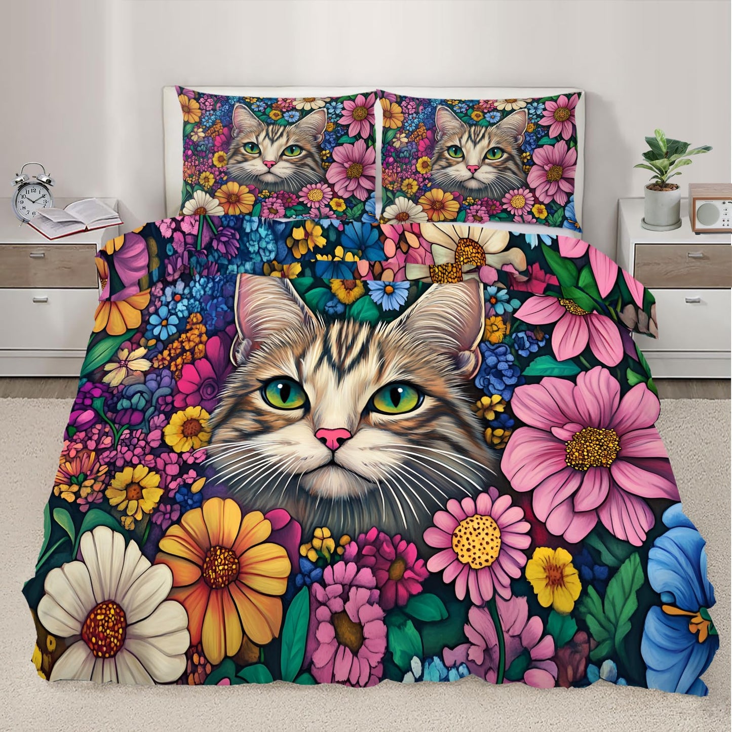 PAISUOQ Cat Print Bedding Sets Full Boho Flowers Comforter Cover with Zipper Ties, Rustic Floral Animal Duvet Cover with 2 Pillowcases, 3 Pieces，Bedroom Decor & Gifts