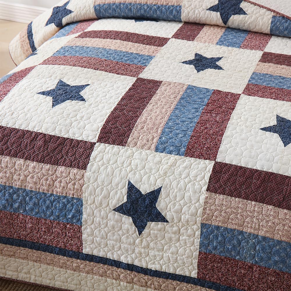 VISIMISI Cotton Bedding Quilt Sets 3 Pieces Reversible Coverlet Sets All Season Boys Real Patchwork Bedspread, MediterraneanStar Pattern,King Size