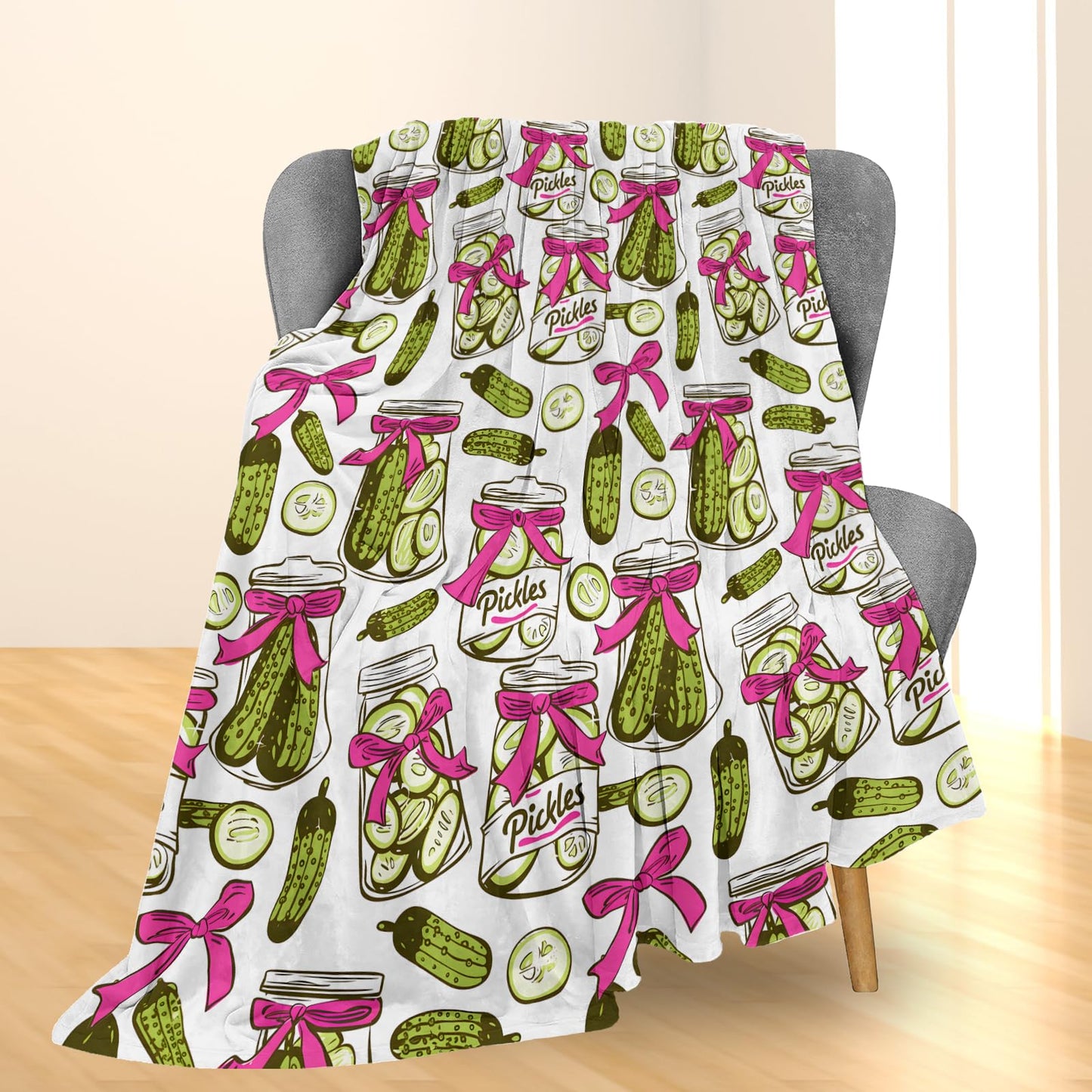 Ti Caldi Funny Pickle Blanket Gifts, Pink Bows and Cucumber Slices Flannel Throw Blanket for Couch, Bed, Travel & Decor, Cozy Lightweight Warm Cute Kitchen Food Blankets for Women Kids Girls 60×50 in