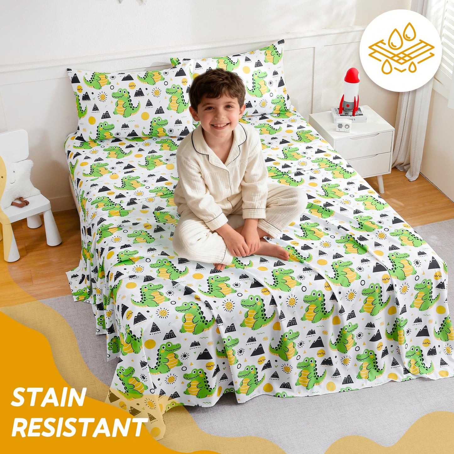 ChicView Twin Sheet Set Kids,3 Pieces Breathable Soft Microfiber Bedsheets for Child Boys Girls, Anti Pilling Deep Pockets Easy Care Bed Sheets, Crocodile