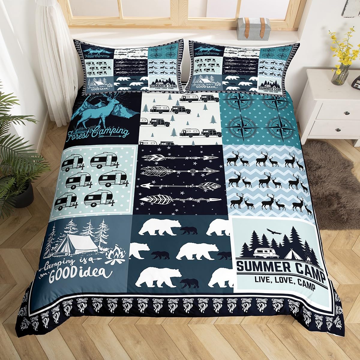 Camping Camper Duvet Cover Set Queen,Classic Lattice Bedding Set 3pcs for Kids Teens Adults Room Decor,Bear Deer Wild Animal Comforter Cover Rustic Farmhouse Blue Quilt Cover with 2 Pillowcases