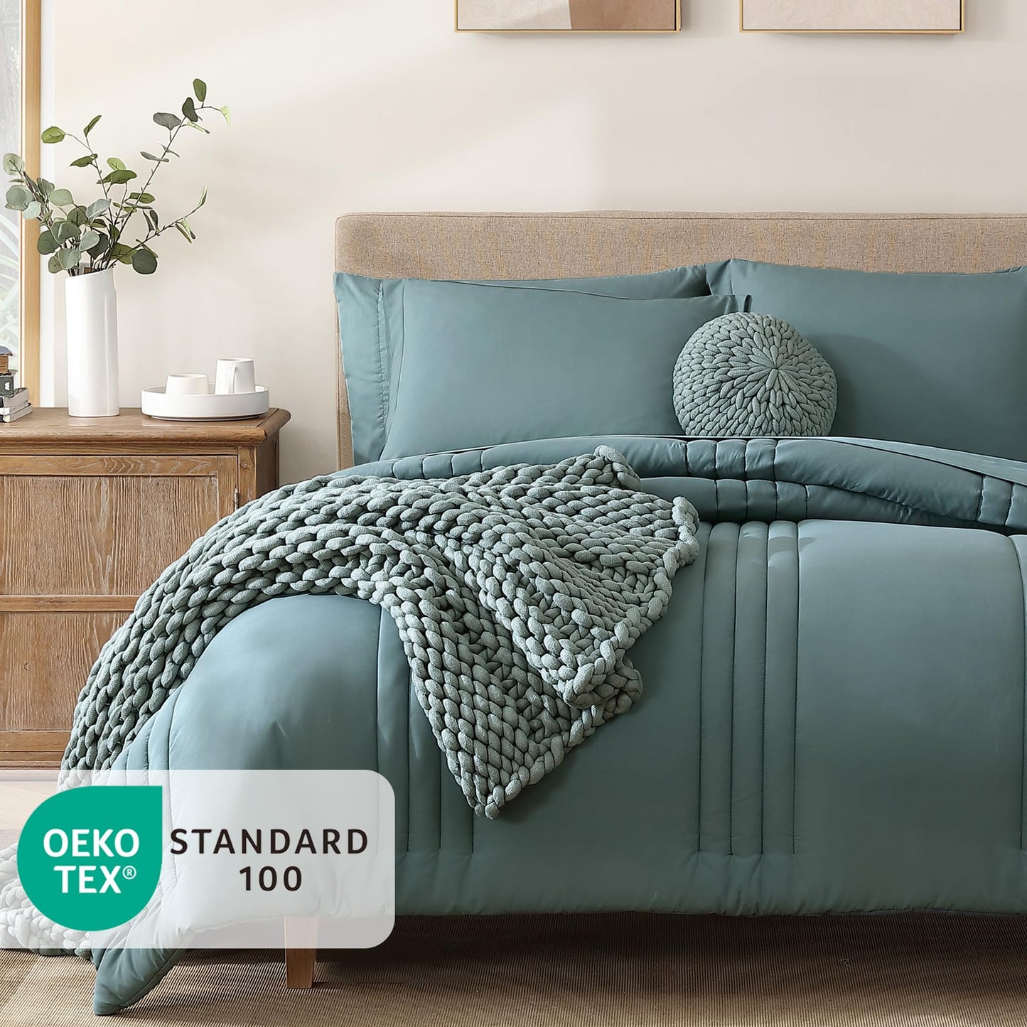 Monbix Queen Comforter Set - 7 Pieces Blue Green Bed in a Bag Queen Bedding Sets with Comforters, All Seasons Comforter Bed Set with Sheets,Pillowcases & Shams