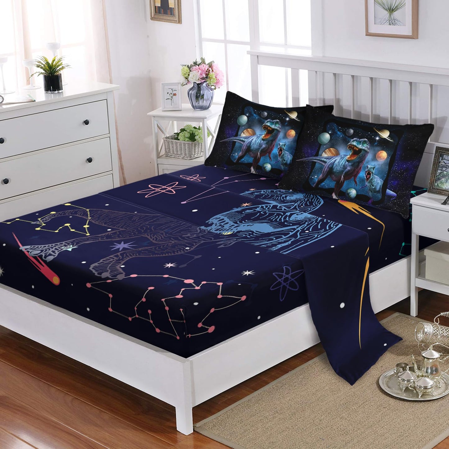 AILONEN Space Galaxy Dinosaur Comforter Set Full Size,7-Piece Soft Bed in a Bag Kids Boys Dino Comforter & Fitted Sheet & Flat Sheet & 2 Pillowcases,2 Pillow Shams for Bedroom