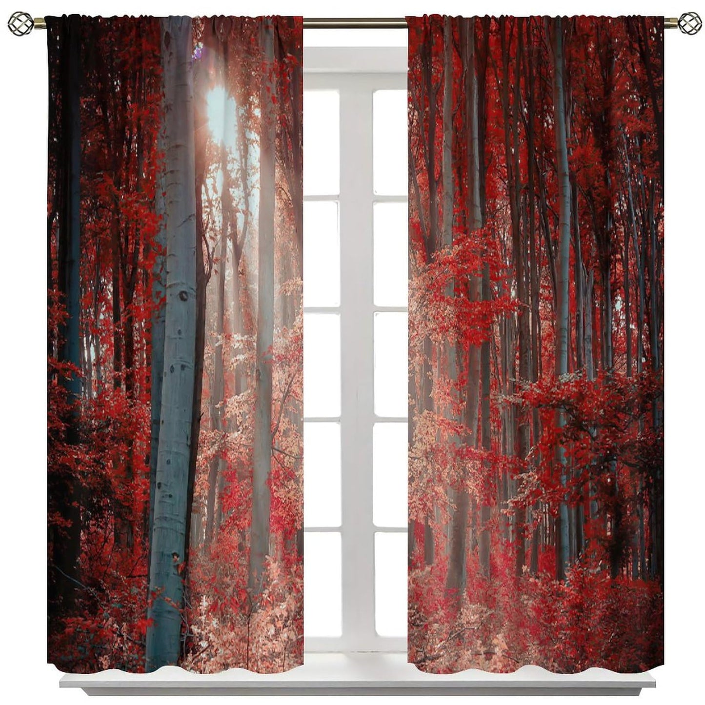 ICMOLYYENLO Natural Landscape Blackout Curtains, Forest Sunset Maple Leaf Lawn Woodland Pattern Printed Curtains for Bedroom Living Room Insulation Curtains 42x44 Inches
