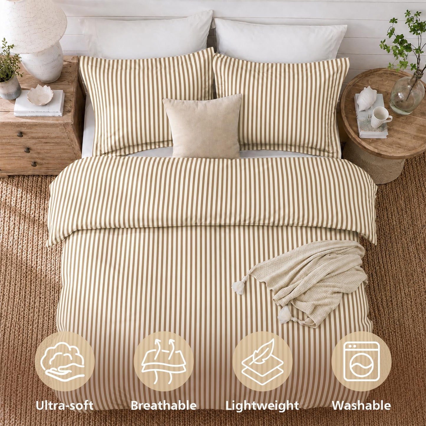 JOLLYVOGUE Striped Duvet Cover Queen, Duvet Cover Set with Khaki Stripes