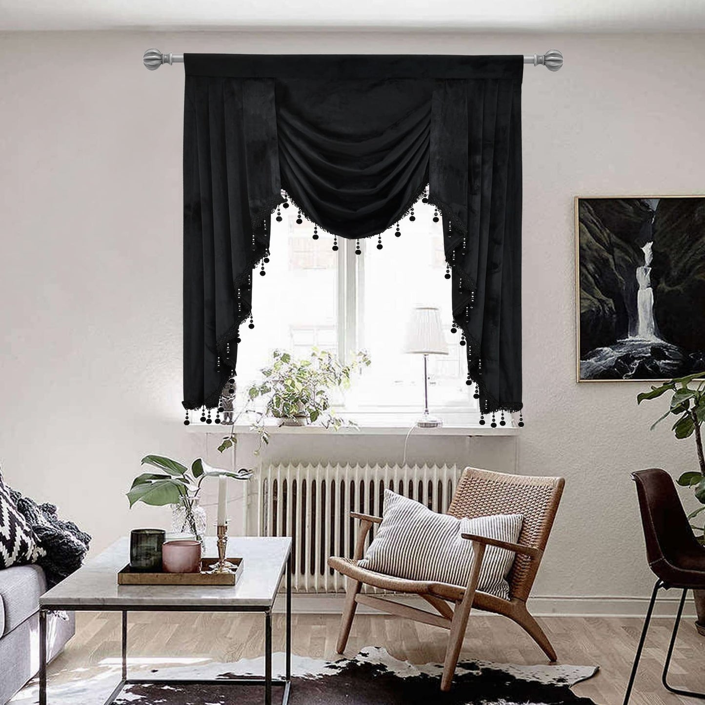 OYRING Black Velvet Rod Pocket Waterfall Valance for Living Room Window Valances for Kitchen (1 Panel, W39 Inch, Black)