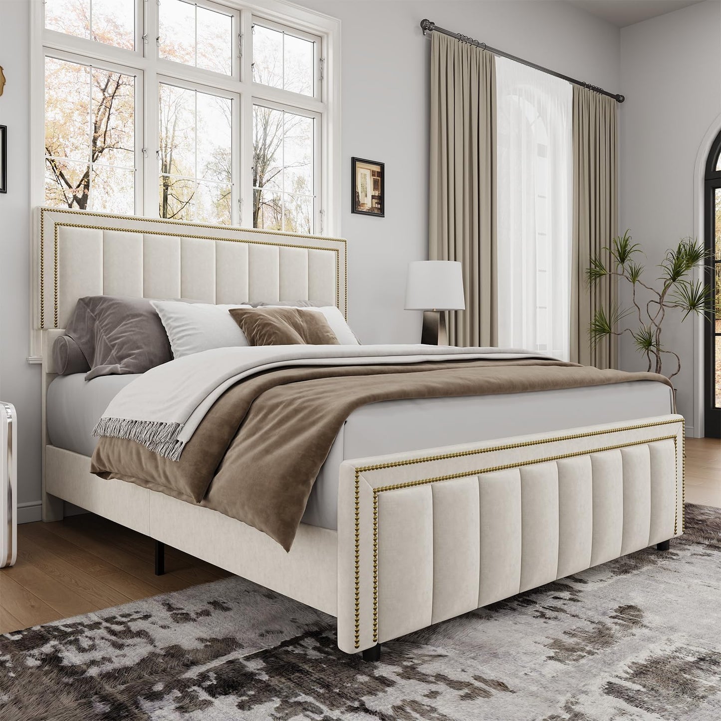 BarnFurin Queen Bed Frame with 50" Tall Headboard and Footboard, Chenille Upholstered Platform Bed, Vertical Channel Tufting with Nailhead Trim, No Box Spring Needed, Easy Assembly, Beige
