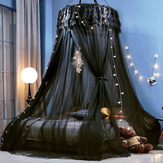 Kertnic Dreamy Bed Canopy for Girls, Princess Canopy Curtains Double Layer Sheer Mesh, Adults Canopies Netting Room Decor Tent Mosquito Net for Queen King Bed (Double Layer-Black)