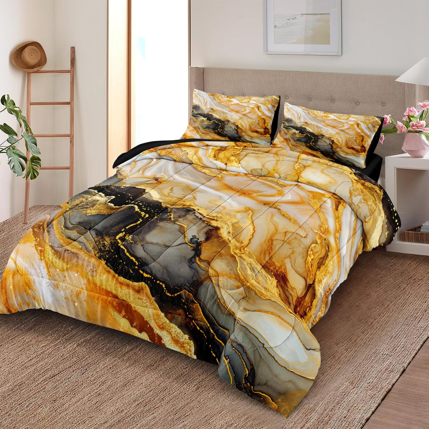 Bedorm Marble Comforter Set Queen Black Gold Bedding Black and White Marble Stone Texture Abstract Bedroom Comforter Super Soft Cozy Marble Bed Set 4 Pcs