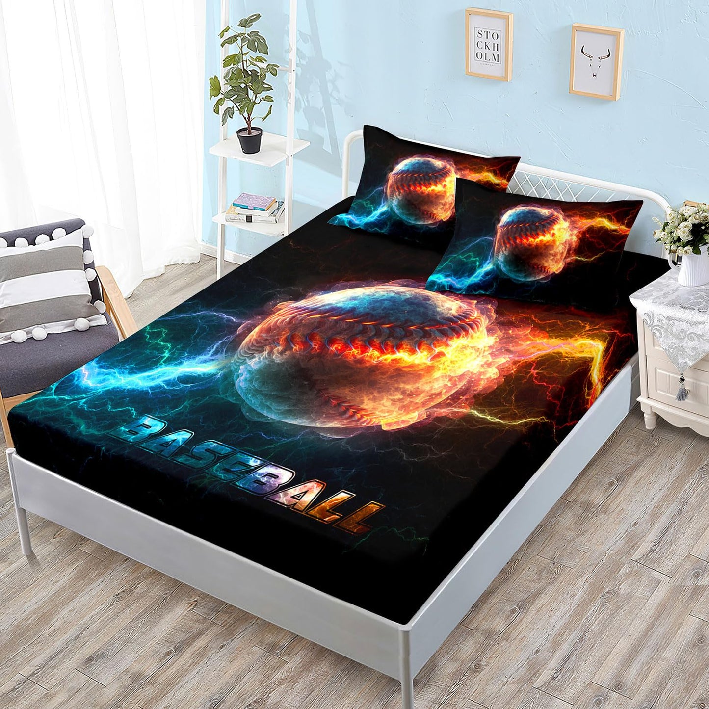 HOSIMA Baseball Fitted Sheet for Boys Girls Teens,Flame Lightning Twin Bedding Sets Sports Themed Bedroom Decor,Soft Microfiber Black Fitted Sheet with 2 Pillowcases.