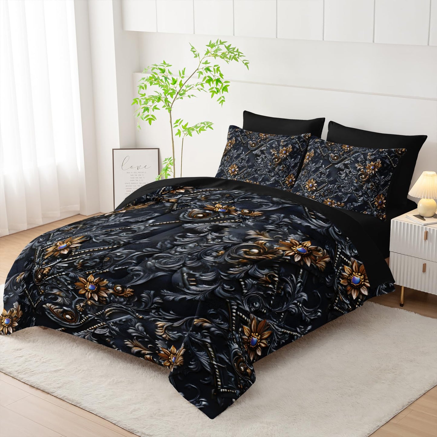 lneffble 7 Piece Black and Gold Baroque Comforter Set Queen，Baroque Queen Bedding，(1 Comforter, 1 Flat Sheet, 1 Fitted Sheet, 2 Pillowcase and 2 Pillow Sham)，Baroque Gothic Bedroom Decor