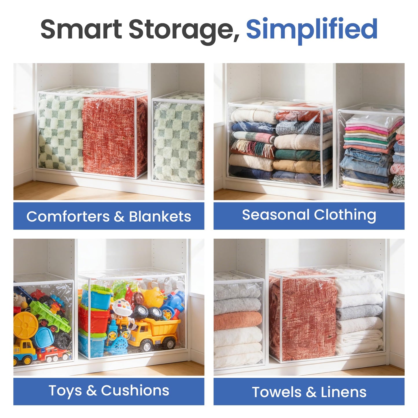 Handy Laundry Blanket Storage Bags - 90 L, Pack Of 4, Zippered Large Clear Plastic Storage Bag, Shield Your Quilt Blankets, Bedding & Clothes from Dust, Dirt & Moisture, Gliding Zipper for Easy Access