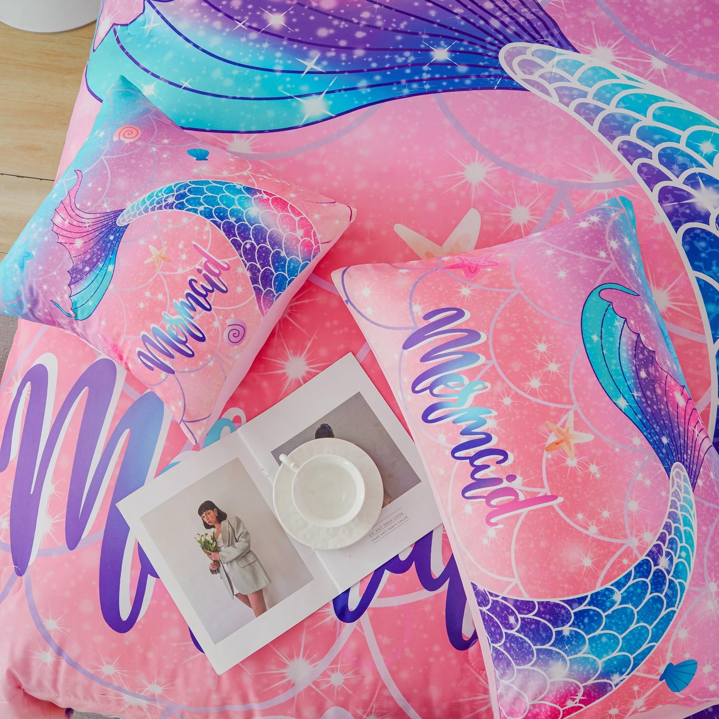 RYNGHIPY Mermaid Kids Girls Comforter Set Twin Size Pink Blue Gradient Fish Tail Bed in a Bag - Includes Comforter & Sheet Set for Teens Girls Super Soft Kids Bedding