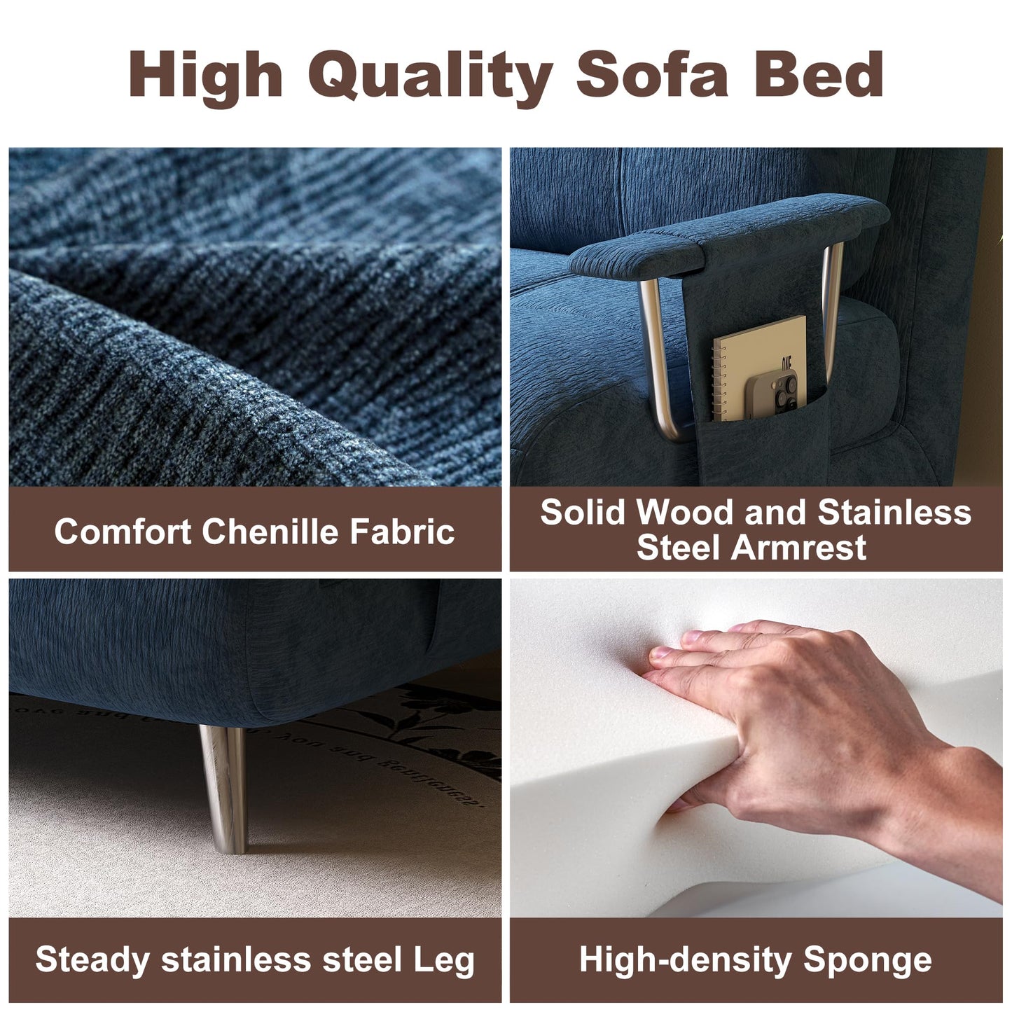 Vakdle 5-in-1 Chenille Convertible Sofa Bed with 5-Position Adjustable Backrest Sleeper Sofa Chair with Armrest Storage Pocket Mid-Century Style Sleeper Chair for Living Room