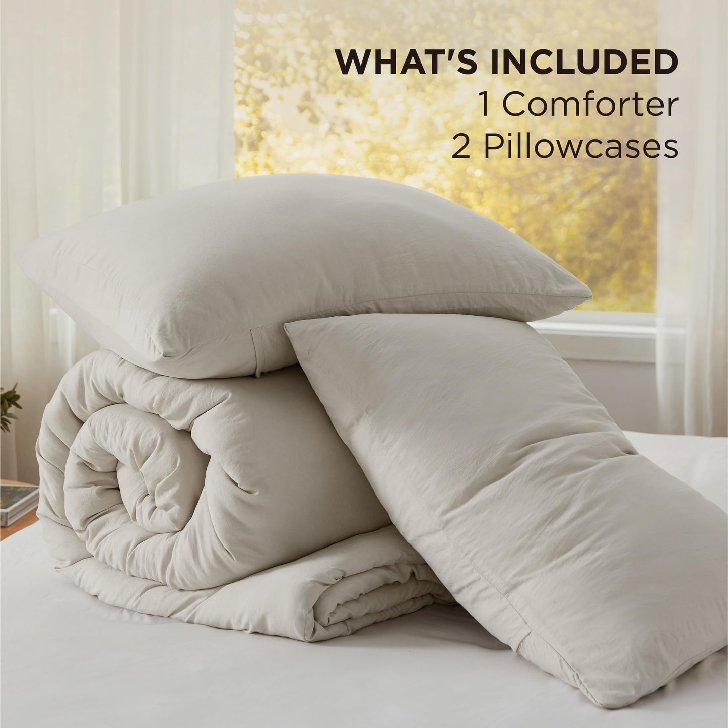 Bedsure Queen Comforter Set, Beige Soft Prewashed Bedding for All Seasons, 3 Pieces GentleSoft™ Bed Set, 1 Lightweight Comforter (90"x90") and 2 Pillowcases (20"x26")