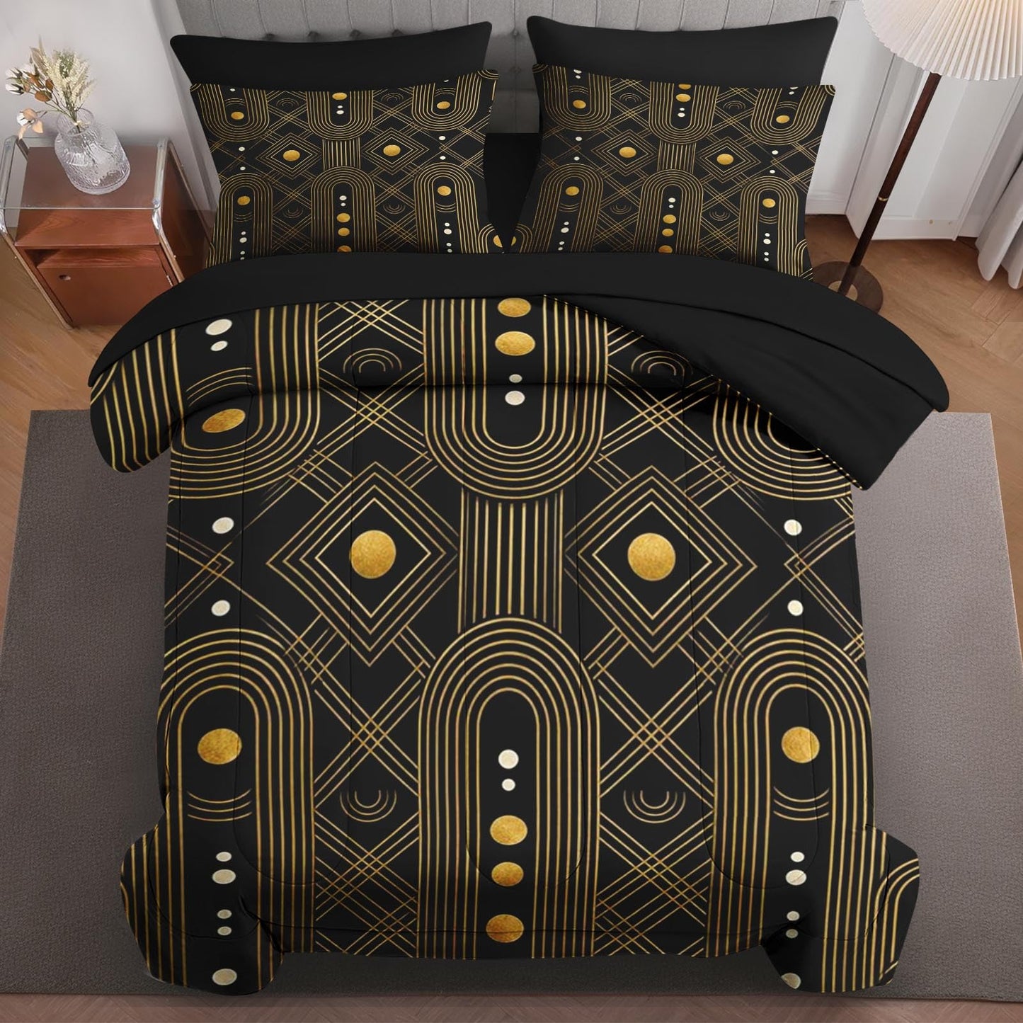 Boewywh Comforter Set Twin Size Geometric Gold Black 7 Pcs, Bedding for Kids and Adults, Retro Modern Bed Sheet Sets with Fitted Sheet 2 Pillowcases & 2 Shams for Bedroom Bed Decor