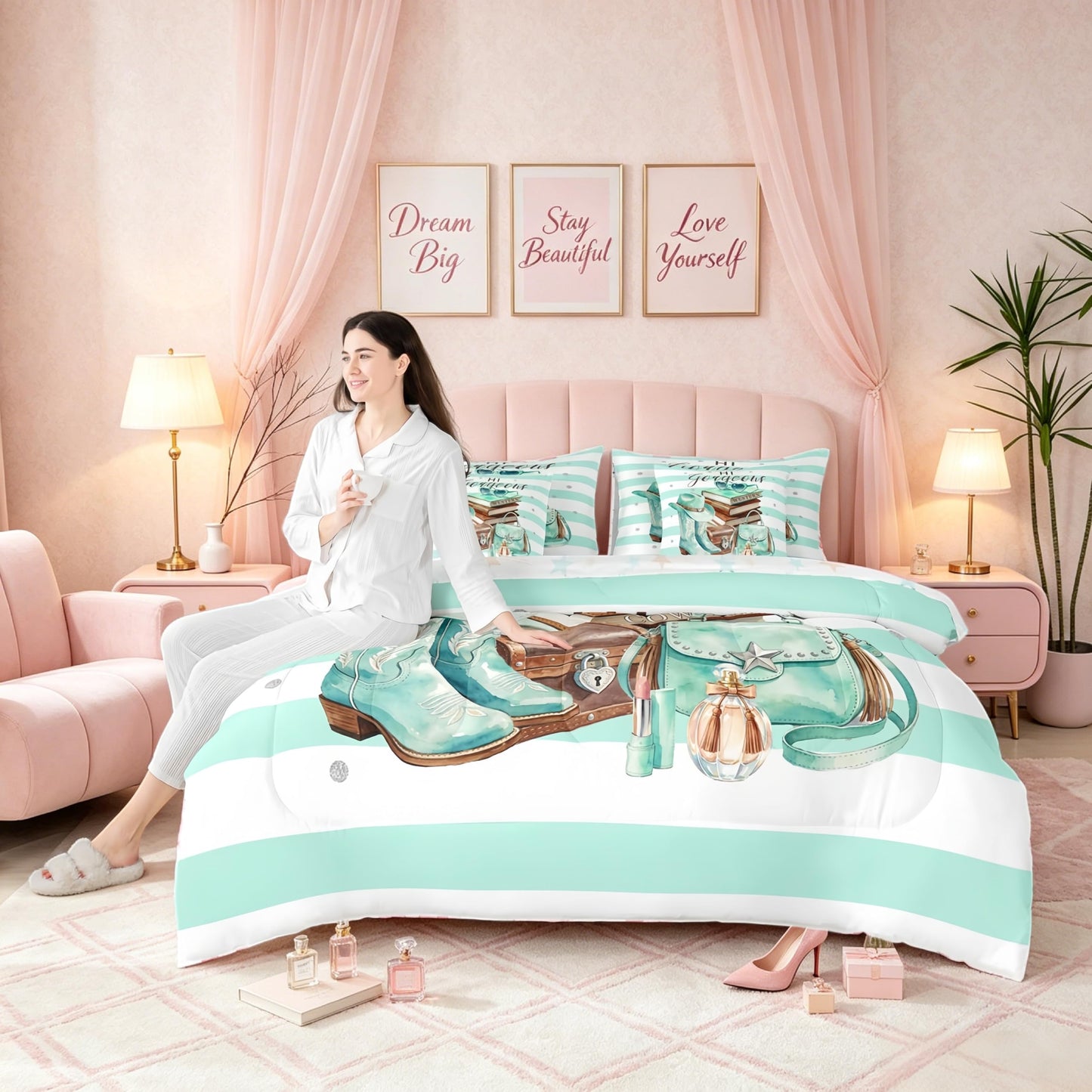 Feelyou Book Comforter Set with Sheets 7 Piece Full Size Green White Bed in a Bag Kids Boys Girls Perfume Bedding Set Stripes Bedroom Decor Western Decor Breathable Soft Lightweight Microfiber