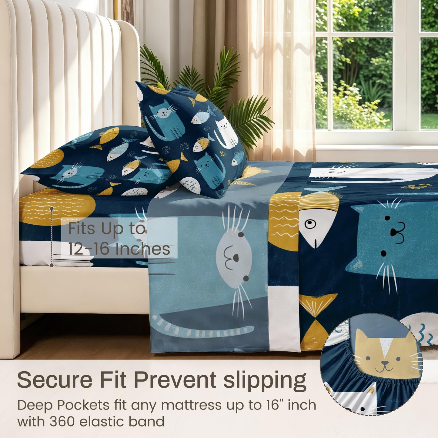 Cat and Fish Twin Bedding Set Kids Kitten Sheet Sets, Blue