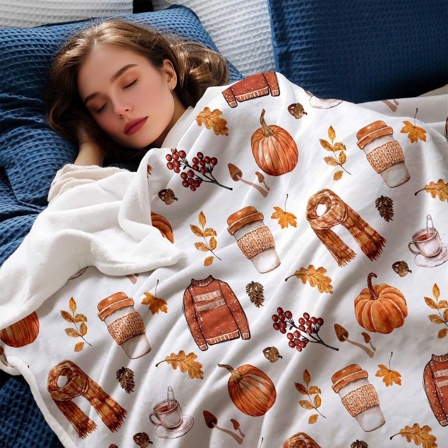 Fall Fleece Throw Blanket, Autumn Pumpkin Spice and Everything Nice with Books Wraps Coffees Lattes Pumpkins Pies Oversized, Soft Blanket for Couch,Cozy,Warm,Lightweight,50"X60"