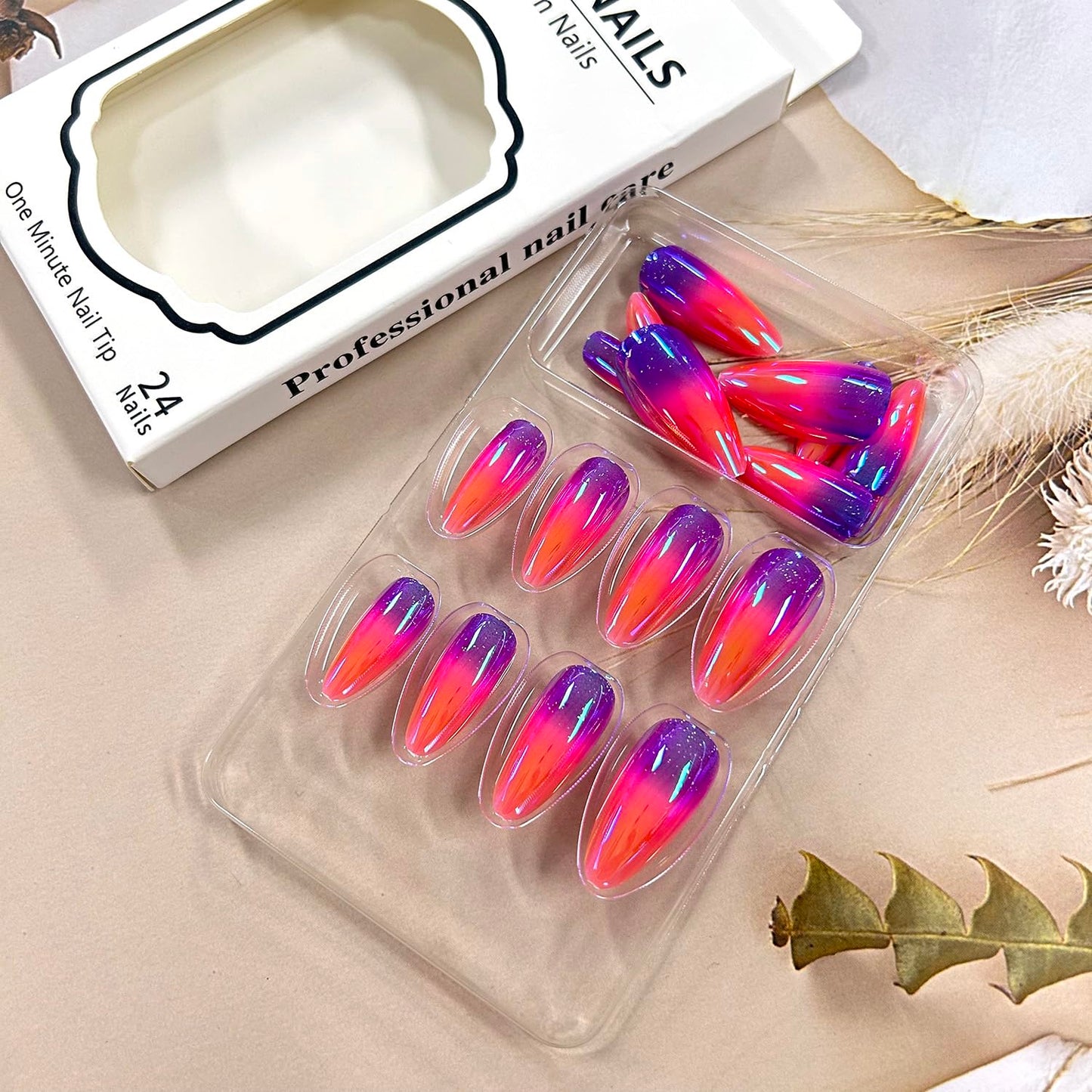Almond Tip Press on Nails Medium Gradient Aurora False Nails Purple and Orange Design Full Cover Coffin Nails Artificial Stick on Nails Glossy Acrylic Nails Reusable Glue on Nails for Women 24Pcs