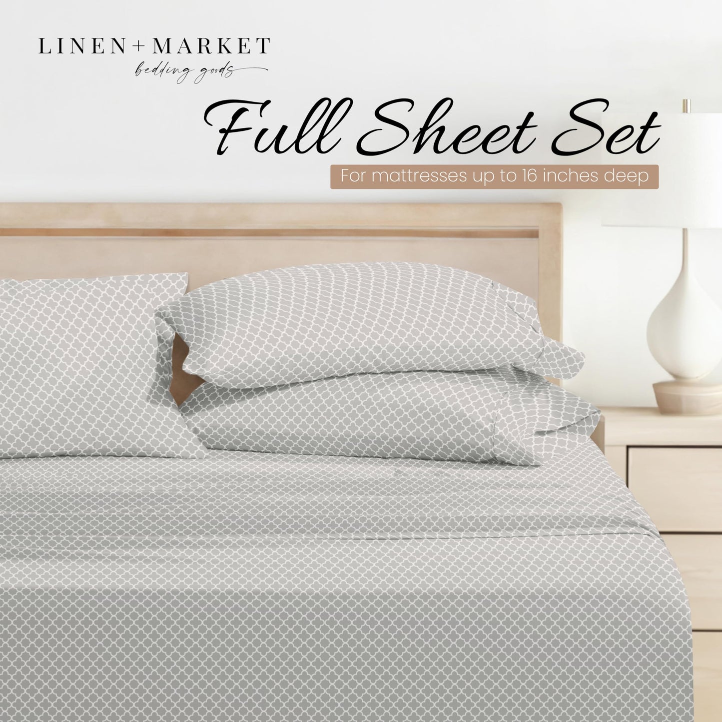 Linen Market 4 Piece Full Bedding Sheet Set (Gray Quatrefoil) - Sleep Better Than Ever with These Ultra-Soft & Cooling Bed Sheets for Your Full Size Bed - Deep Pocket Fits 16" Mattress