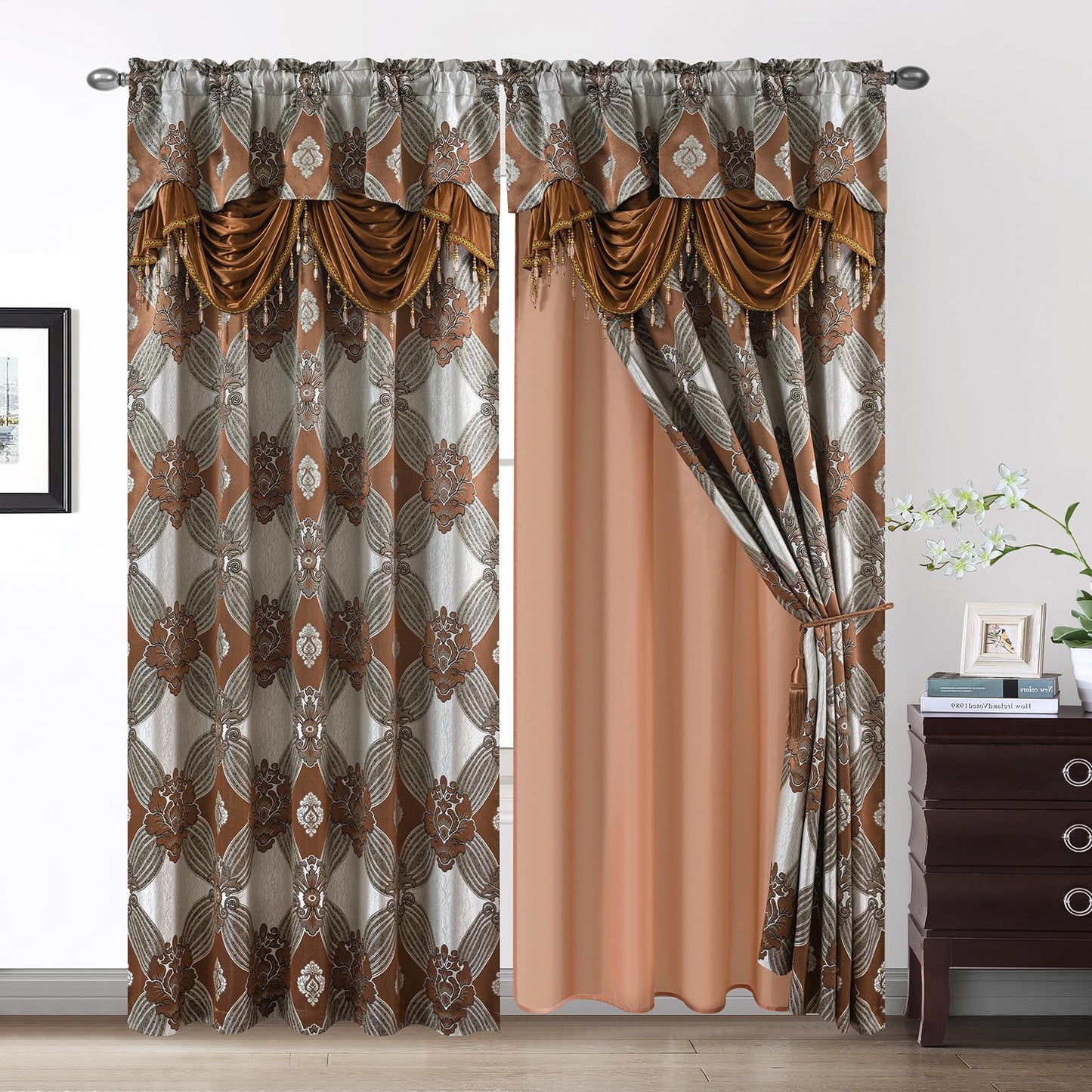 Petrichor Elegant Curtains with Gold Silver Threads 2 Panels Set - Luxury Window Treatment Attached Valance, Sheer Backing, and 2 Tie Backs for Bedroom and Living Room, 54x84 inches, Brown