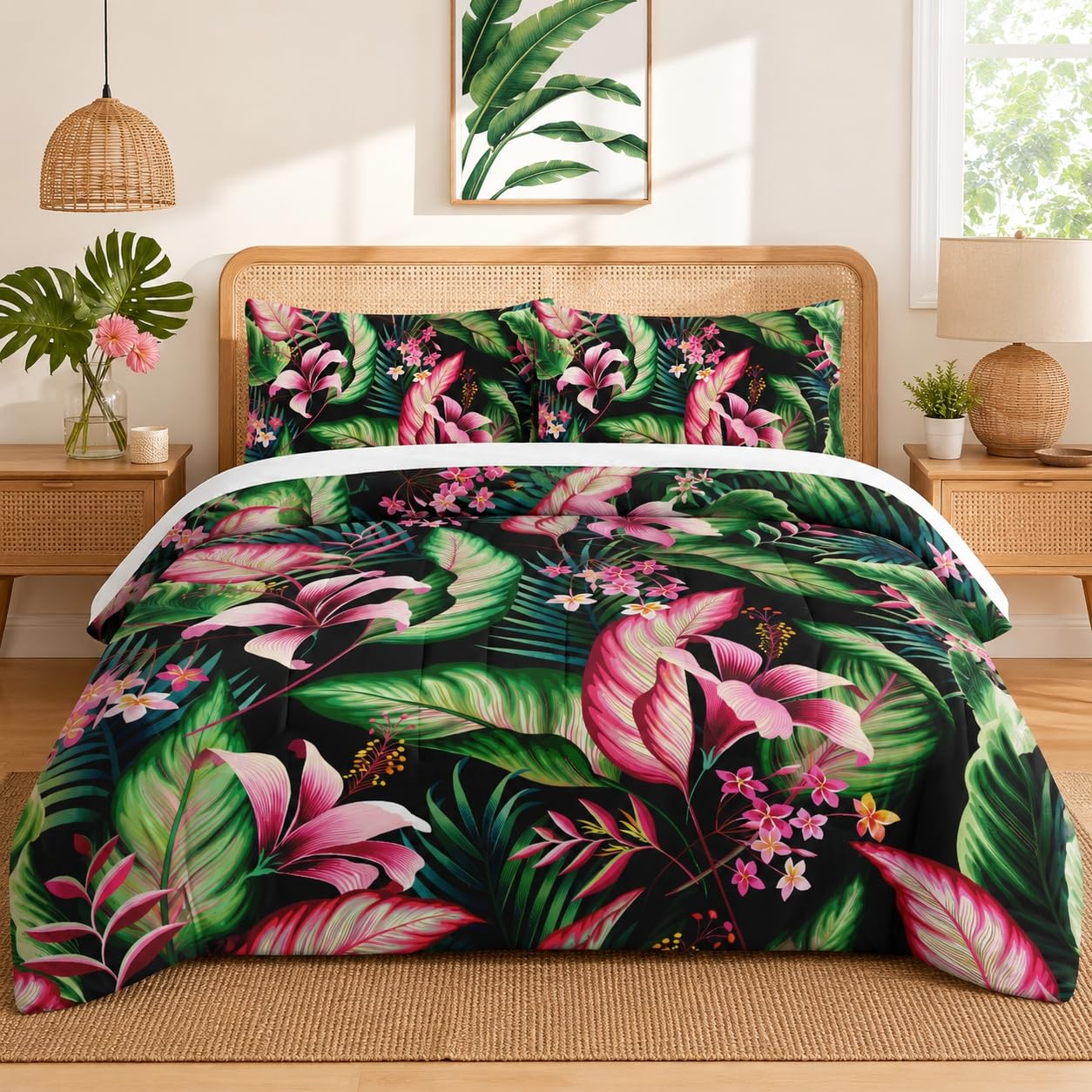 WeCozy Queen Size Comforter Set with 2 Pillowcases, Tropical Leaves Flower Hibiscus Soft 3 Pcs Bedding for Kids and Adults Bedroom Bed Decor