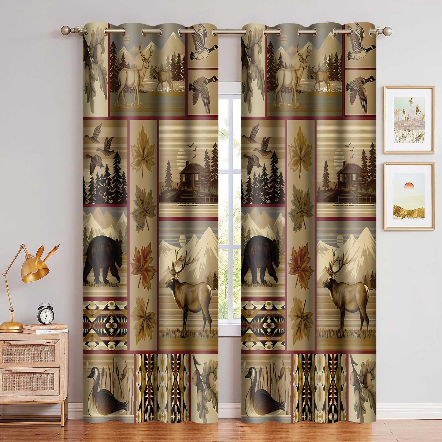MIZSYE Retro Rustic Blackout Curtains Wildlife Bear Deer Farmhouse Chalet Snowy Mountain Plaid Window Drapes Insulated Blackout Privacy Curtain for Bedroom Living Room Dining Room 2Plates 42x84inch