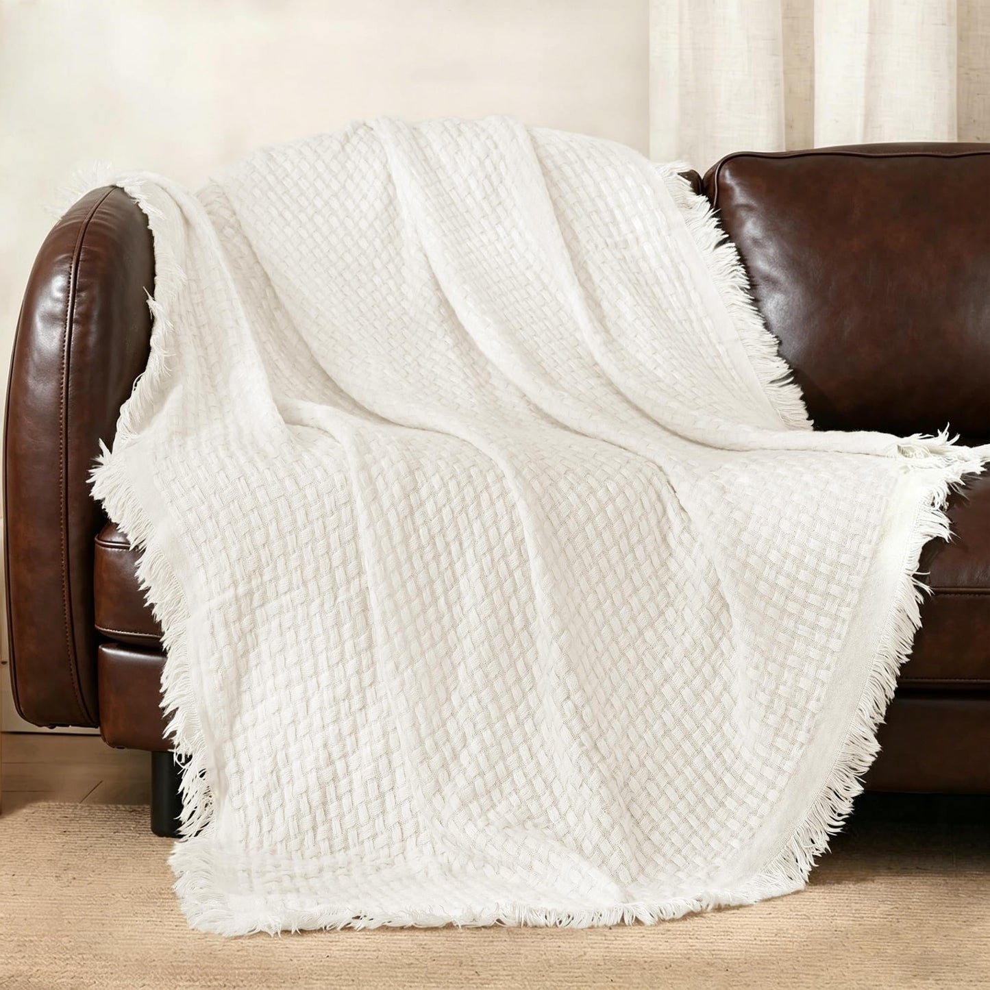 Exclusivo Mezcla Knit Throw Blanket with Fringes for Couch, Reversible Super Soft and Warm Woven Throw for Summer, Home Decor, 50"x60", Ivory
