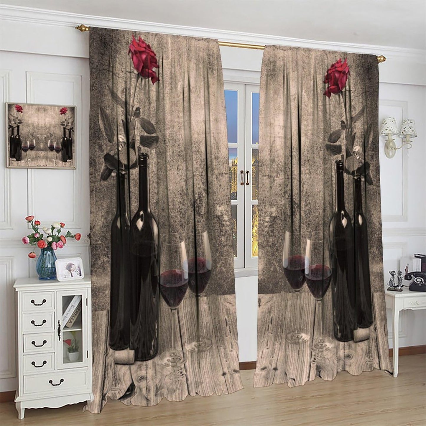 Fblifil Farmhouse Wine Curtains Rustic Retro Rose Wooden Board Printed Rod Pocket Window Drapes for Living Room Bedroom Kitchen Cafe Bar Decor 42" W X 45" L