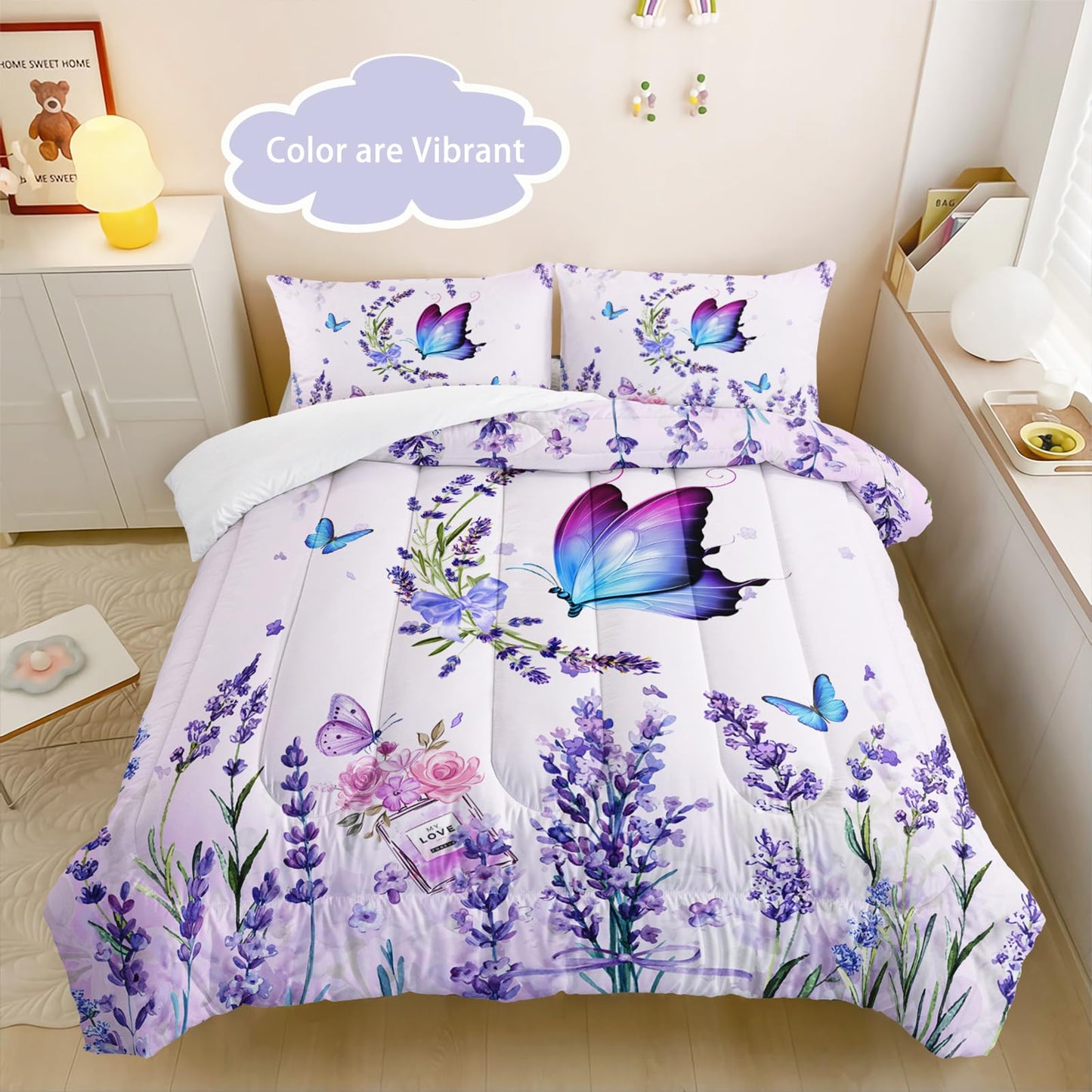 AILONEN Purple Butterfly Comforter Set Twin- Lavender Flower Butterfly Bedding Set for Kids Girls Women,3-Piece Bedroom Soft Microfiber Beautiful Comforter & 2 Pillowcases